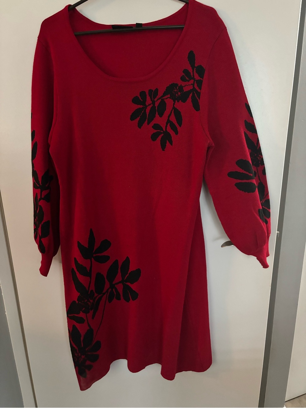 Nina Leonard Red Knit Dress with Black Floral Motif